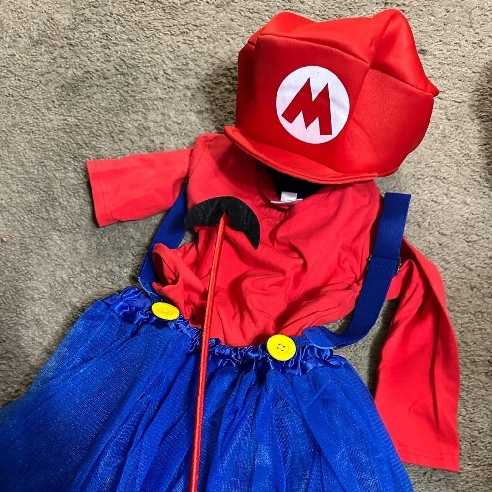 Mario Plumber Kids Red and Blue Plumber Costume size M 3-4years Mario mustache